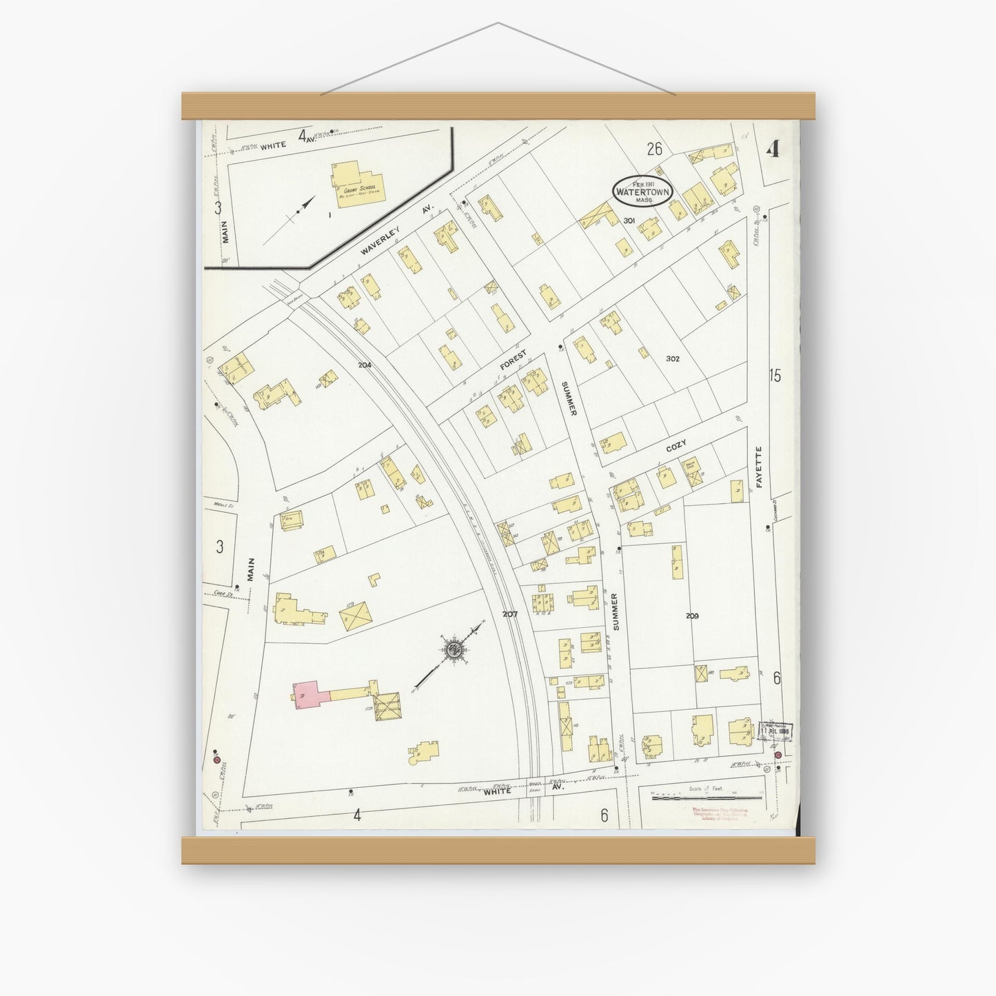 Old map wall art mockup — magnetic wood frame on white wall — Sanborn Fire Insurance Map from Watertown, Middlesex County, Massachusetts (1911), Sheet #0004