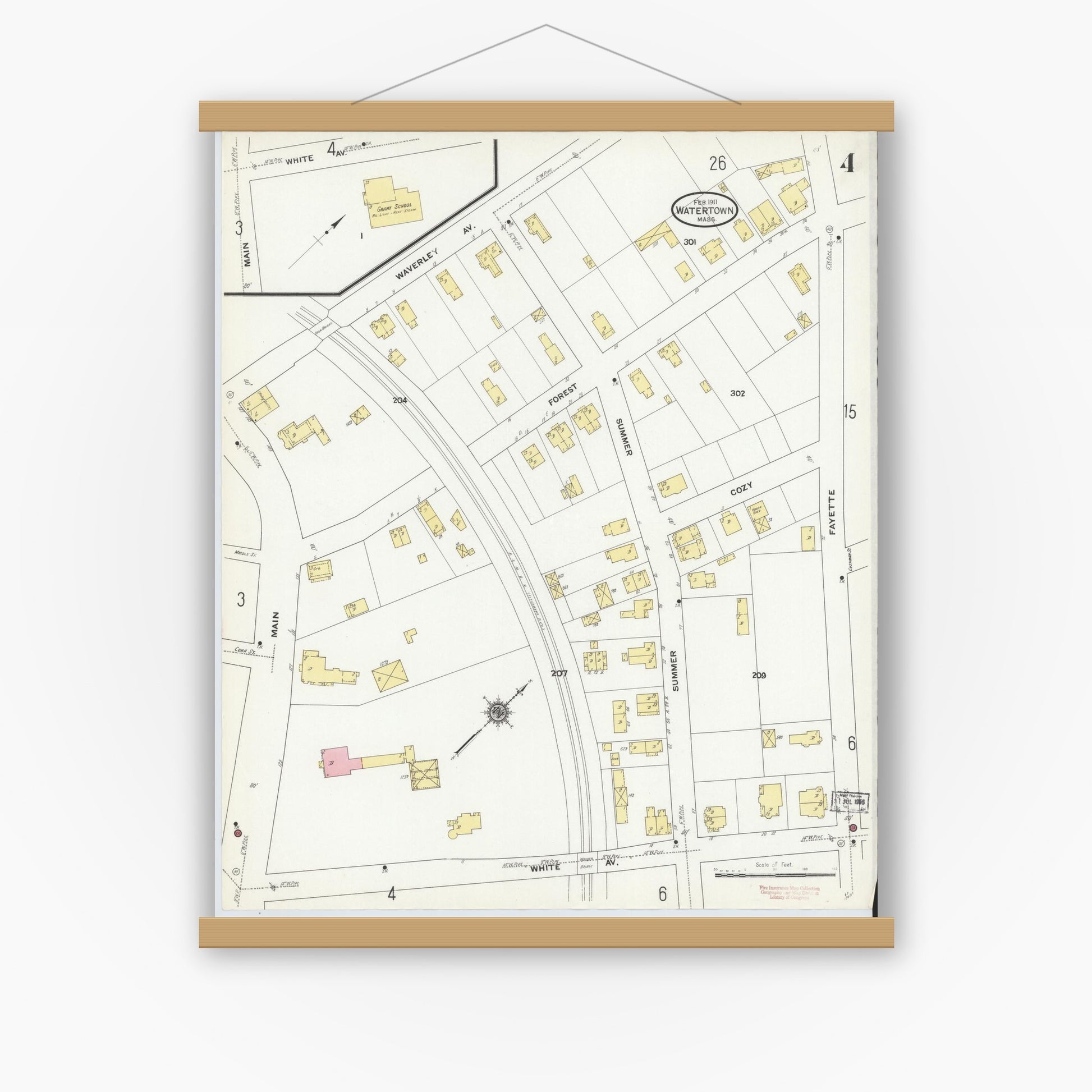 Old map wall art mockup — magnetic wood frame on white wall — Sanborn Fire Insurance Map from Watertown, Middlesex County, Massachusetts (1911), Sheet #0004