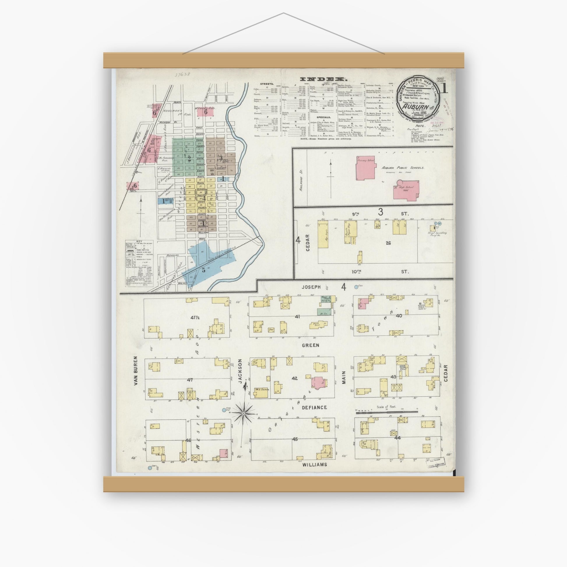 Old map wall art mockup — magnetic wood frame on white wall — Sanborn Fire Insurance Map from Auburn, De Kalb County, Indiana (1896), Sheet #0001