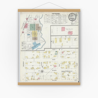 Old map wall art mockup — magnetic wood frame on white wall — Sanborn Fire Insurance Map from Auburn, De Kalb County, Indiana (1896), Sheet #0001