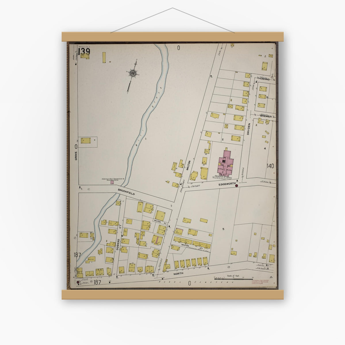 Old map wall art mockup — magnetic wood frame on white wall — Sanborn Fire Insurance Map from Worcester, Worcester County, Massachusetts (1910), Sheet #0139