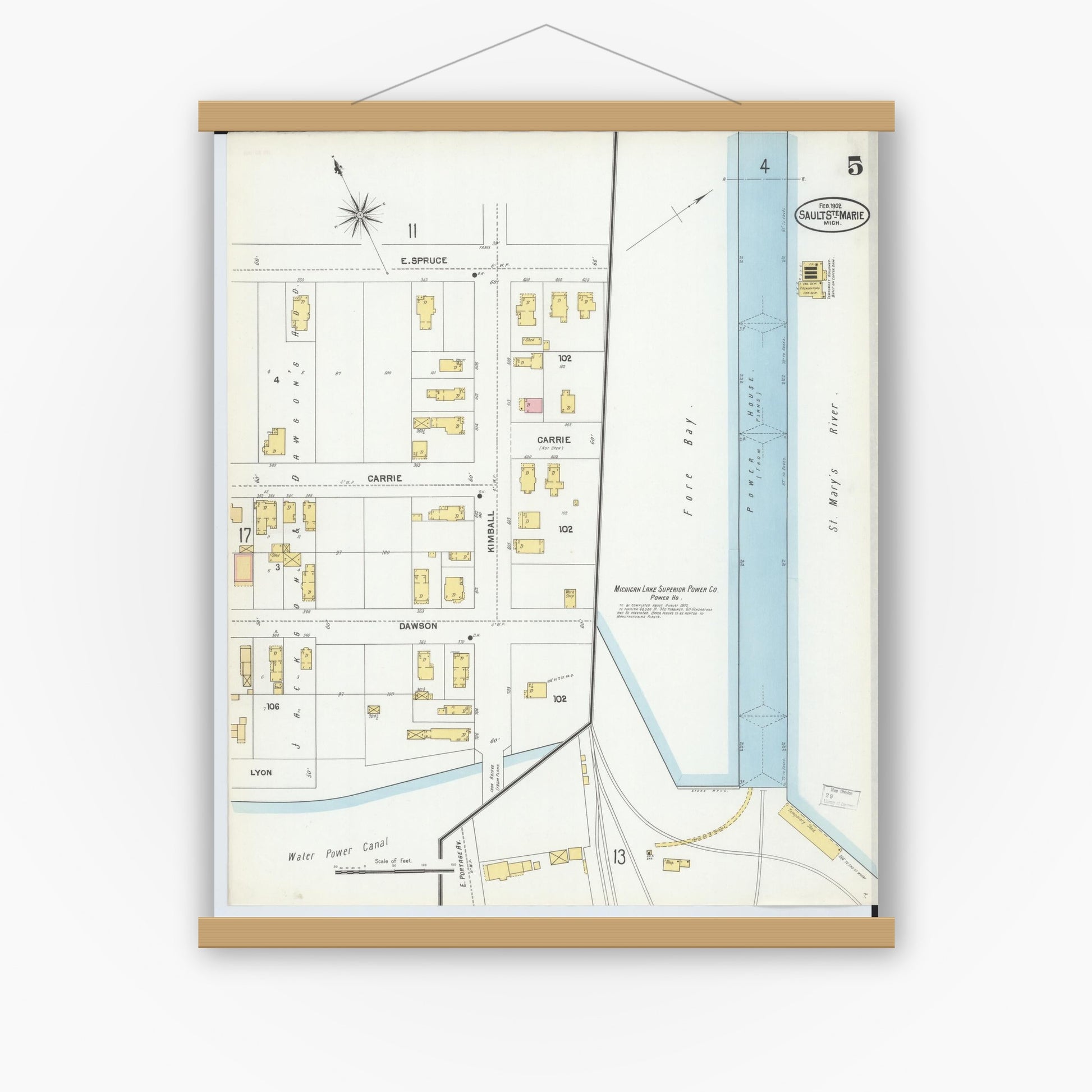 Old map wall art mockup — magnetic wood frame on white wall — Sanborn Fire Insurance Map from Sault Sainte Marie, Chippewa County, Michigan (1902), Sheet #0005