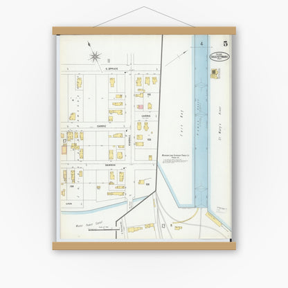 Old map wall art mockup — magnetic wood frame on white wall — Sanborn Fire Insurance Map from Sault Sainte Marie, Chippewa County, Michigan (1902), Sheet #0005