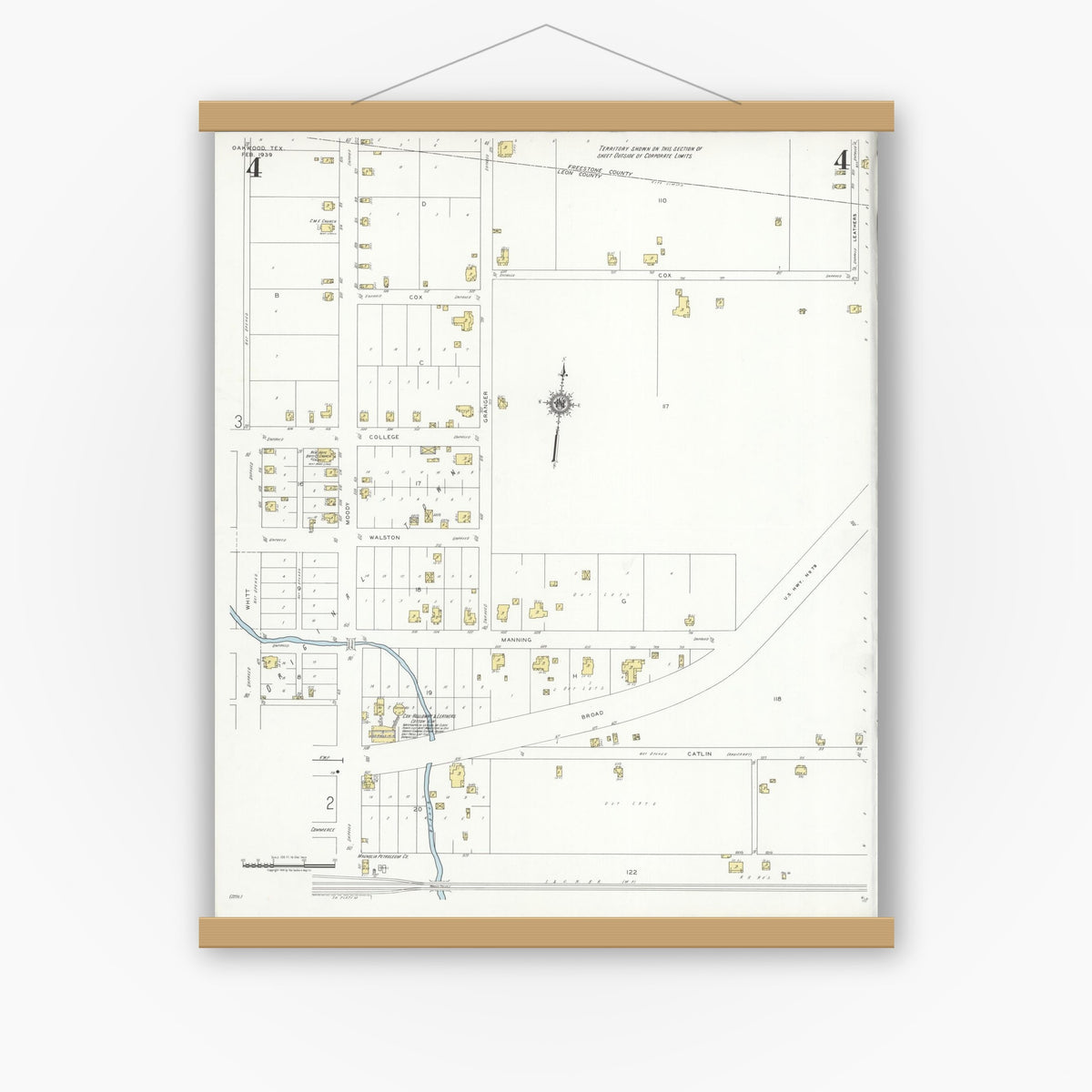 Old map wall art mockup — magnetic wood frame on white wall — Sanborn Fire Insurance Map from Oakwood, Leon County, Texas (1939), Sheet #0004