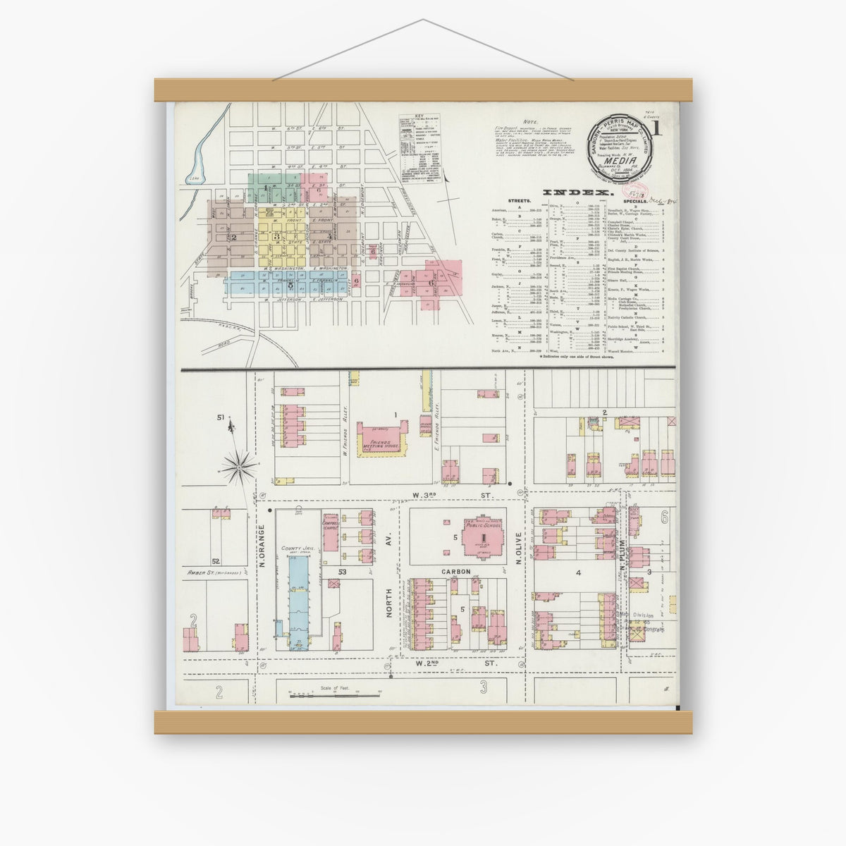 Old map wall art mockup — magnetic wood frame on white wall — Sanborn Fire Insurance Map from Media, Delaware County, Pennsylvania (1894), Sheet #0001
