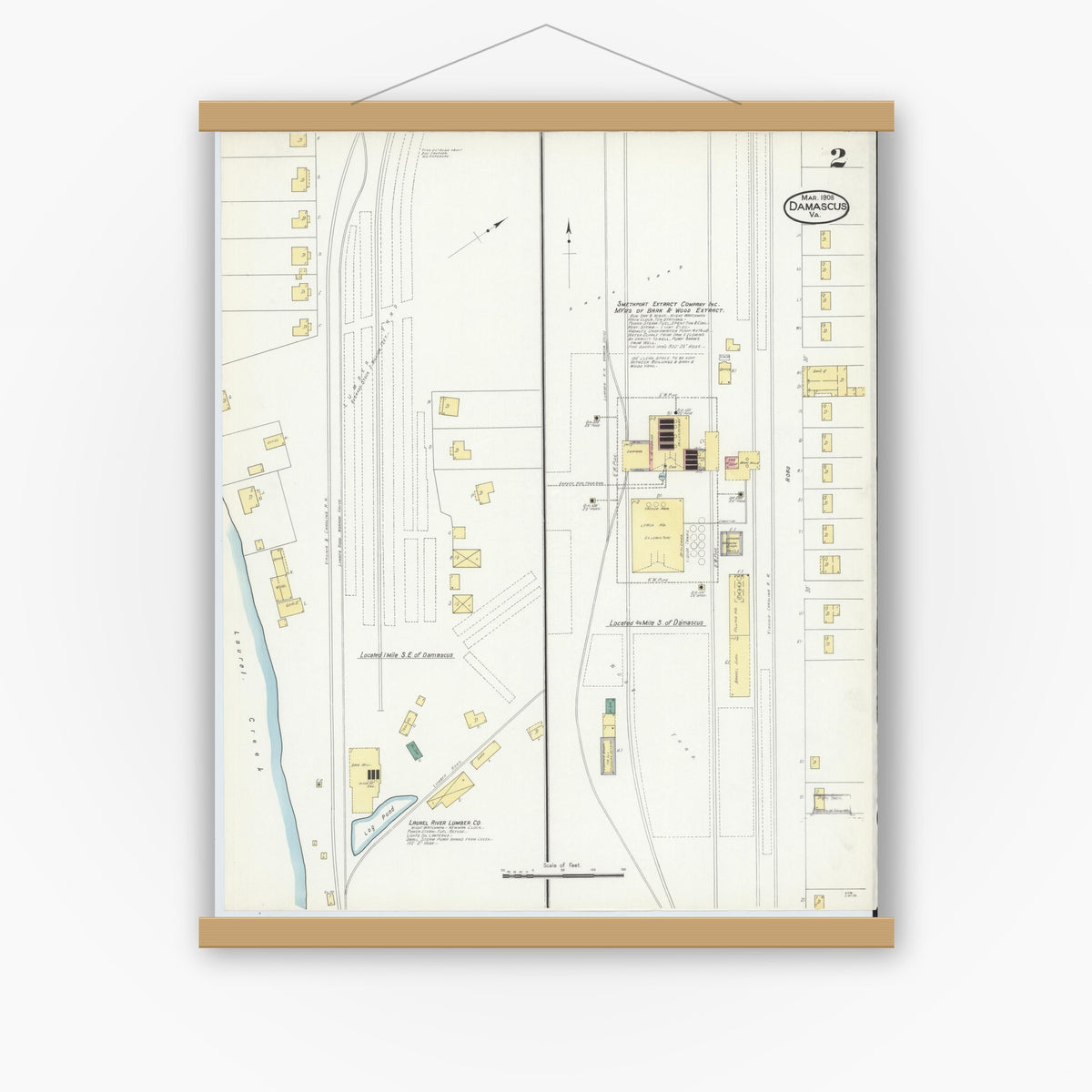 Old map wall art mockup — magnetic wood frame on white wall — Sanborn Fire Insurance Map from Damascus, Washington County, Virginia (1908), Sheet #0002