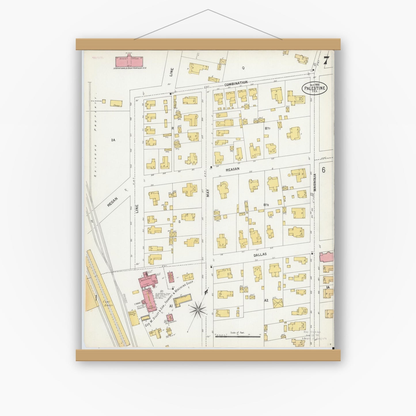 Old map wall art mockup — magnetic wood frame on white wall — Sanborn Fire Insurance Map from Palestine, Anderson County, Texas (1900), Sheet #0007