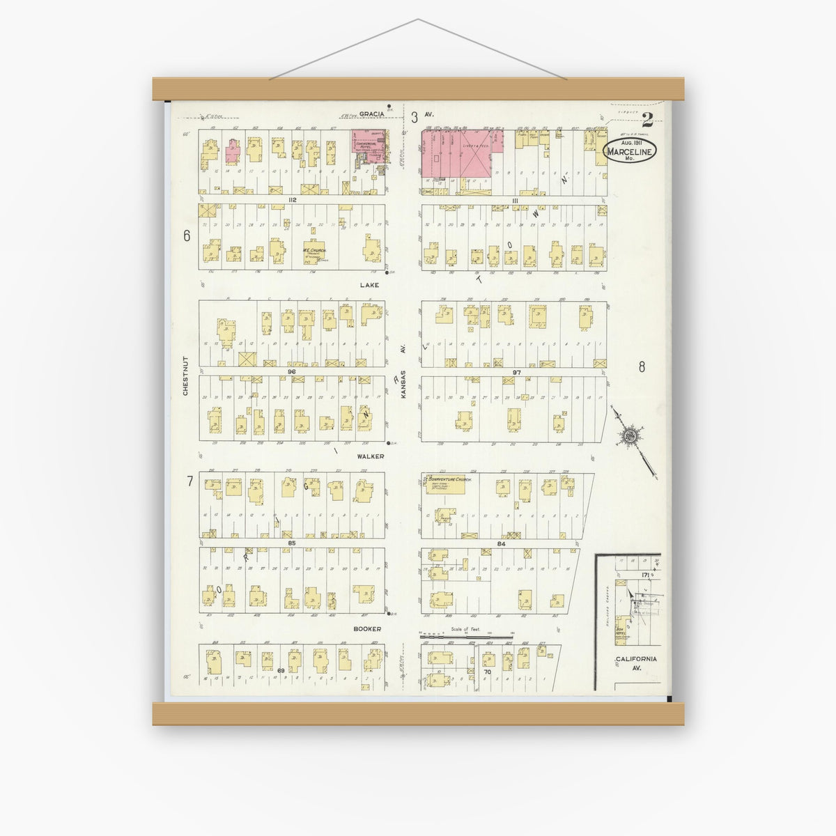 Old map wall art mockup — magnetic wood frame on white wall — Sanborn Fire Insurance Map from Marceline, Linn County, Missouri (1911), Sheet #0002