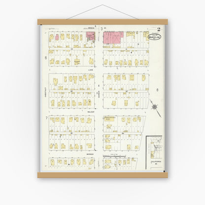 Old map wall art mockup — magnetic wood frame on white wall — Sanborn Fire Insurance Map from Marceline, Linn County, Missouri (1911), Sheet #0002