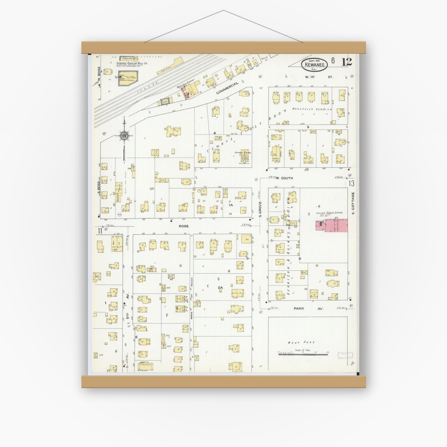Old map wall art mockup — magnetic wood frame on white wall — Sanborn Fire Insurance Map from Kewanee, Henry County, Illinois (1910), Sheet #0012