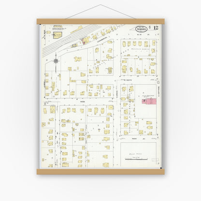 Old map wall art mockup — magnetic wood frame on white wall — Sanborn Fire Insurance Map from Kewanee, Henry County, Illinois (1910), Sheet #0012