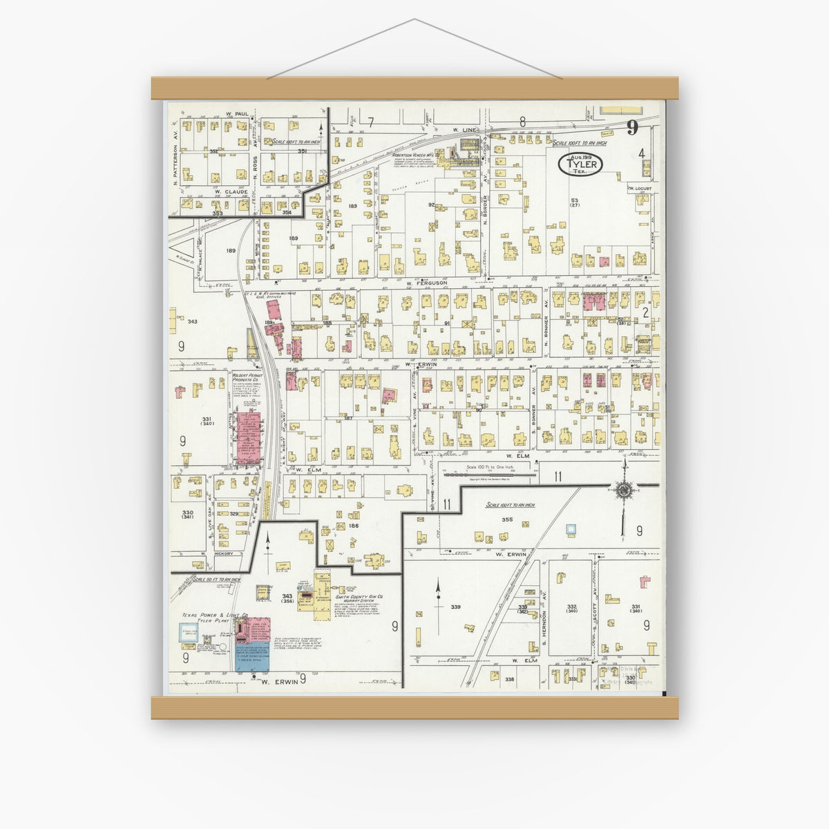 Old map wall art mockup — magnetic wood frame on white wall — Sanborn Fire Insurance Map from Tyler, Smith County, Texas (1919), Sheet #0009