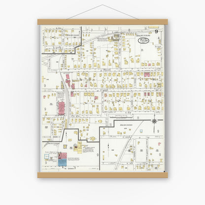 Old map wall art mockup — magnetic wood frame on white wall — Sanborn Fire Insurance Map from Tyler, Smith County, Texas (1919), Sheet #0009