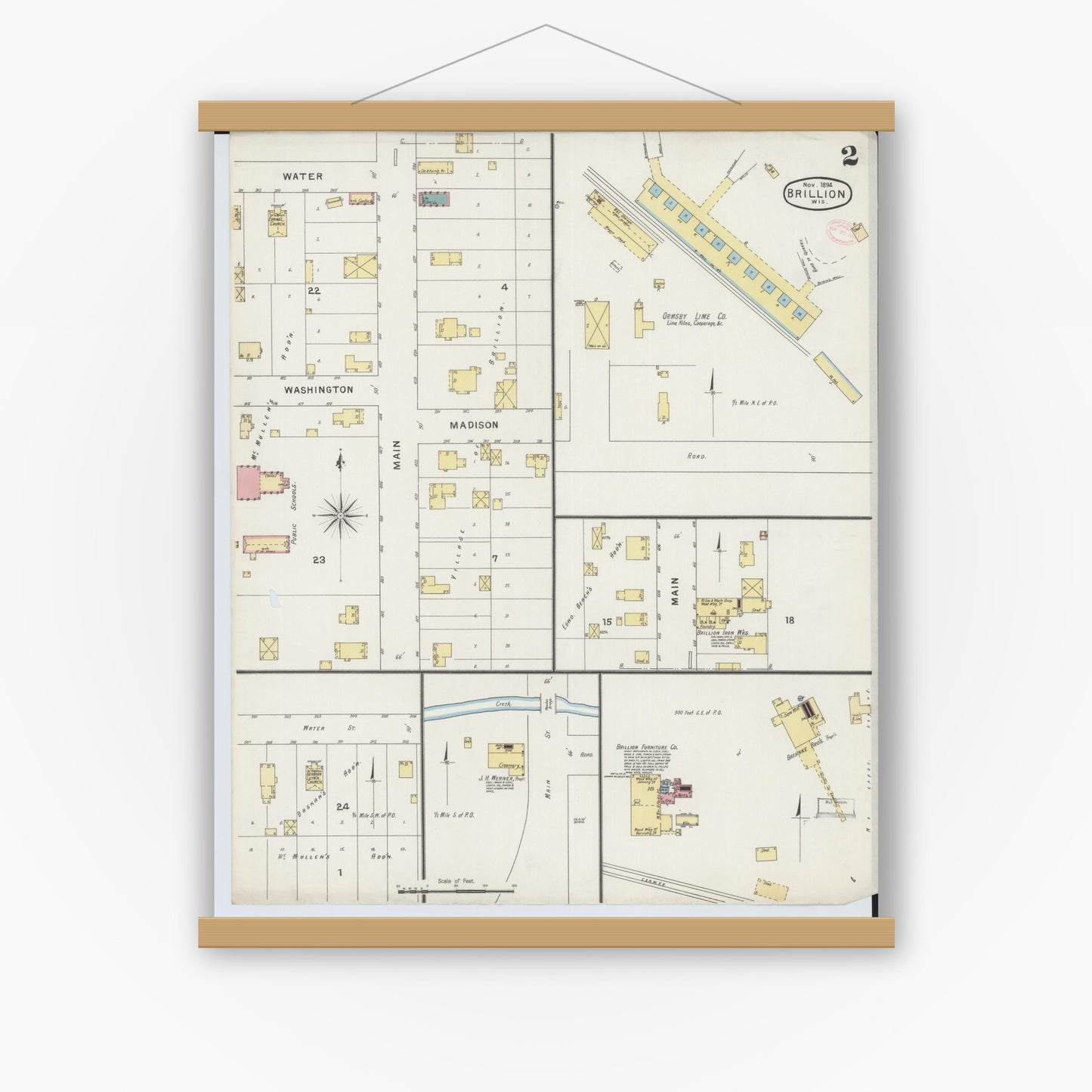 Old map wall art mockup — magnetic wood frame on white wall — Sanborn Fire Insurance Map from Brillion, Calumet County, Wisconsin (1894), Sheet #0002