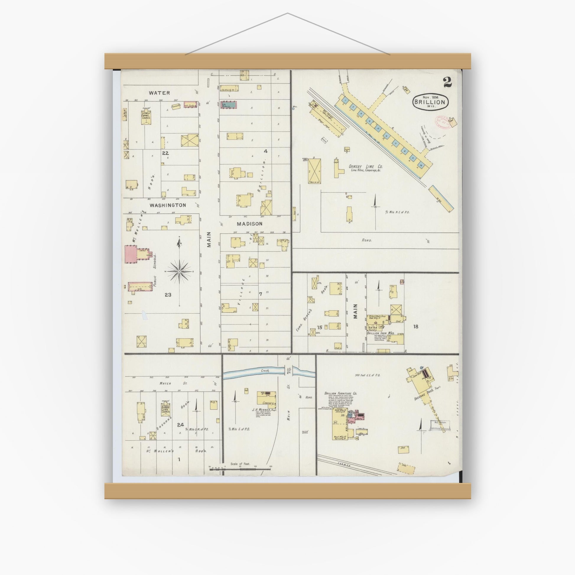 Old map wall art mockup — magnetic wood frame on white wall — Sanborn Fire Insurance Map from Brillion, Calumet County, Wisconsin (1894), Sheet #0002
