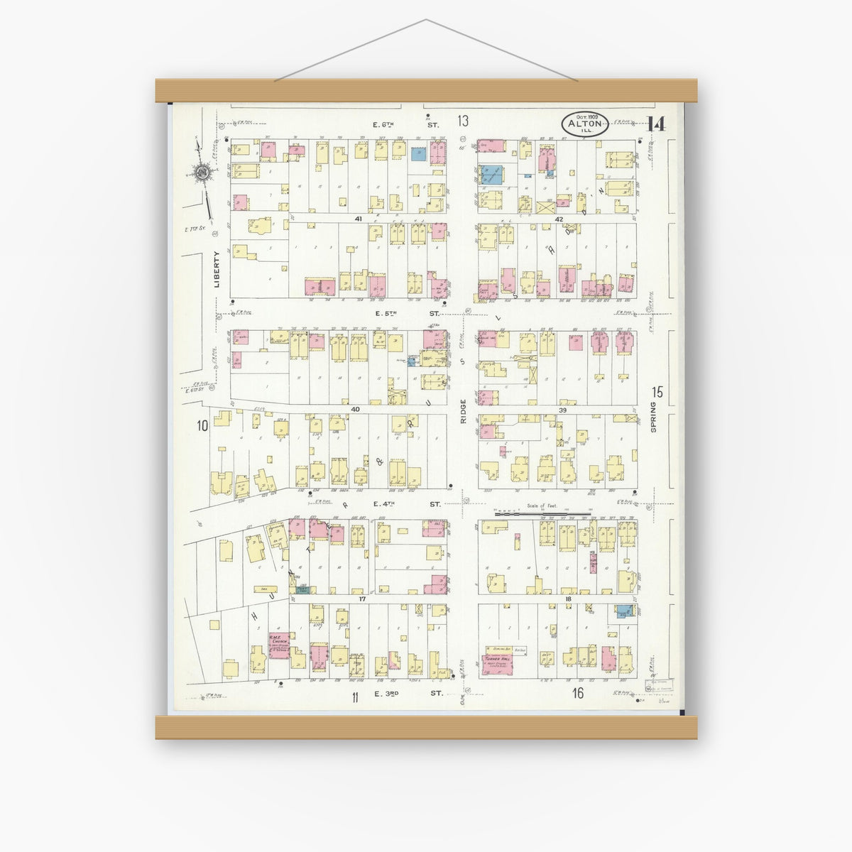 Old map wall art mockup — magnetic wood frame on white wall — Sanborn Fire Insurance Map from Alton, Madison County, Illinois (1909), Sheet #0014