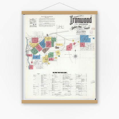 Old map wall art mockup — magnetic wood frame on white wall — Sanborn Fire Insurance Map from Ironwood, Gogebic County, Michigan (1908), Sheet #0001