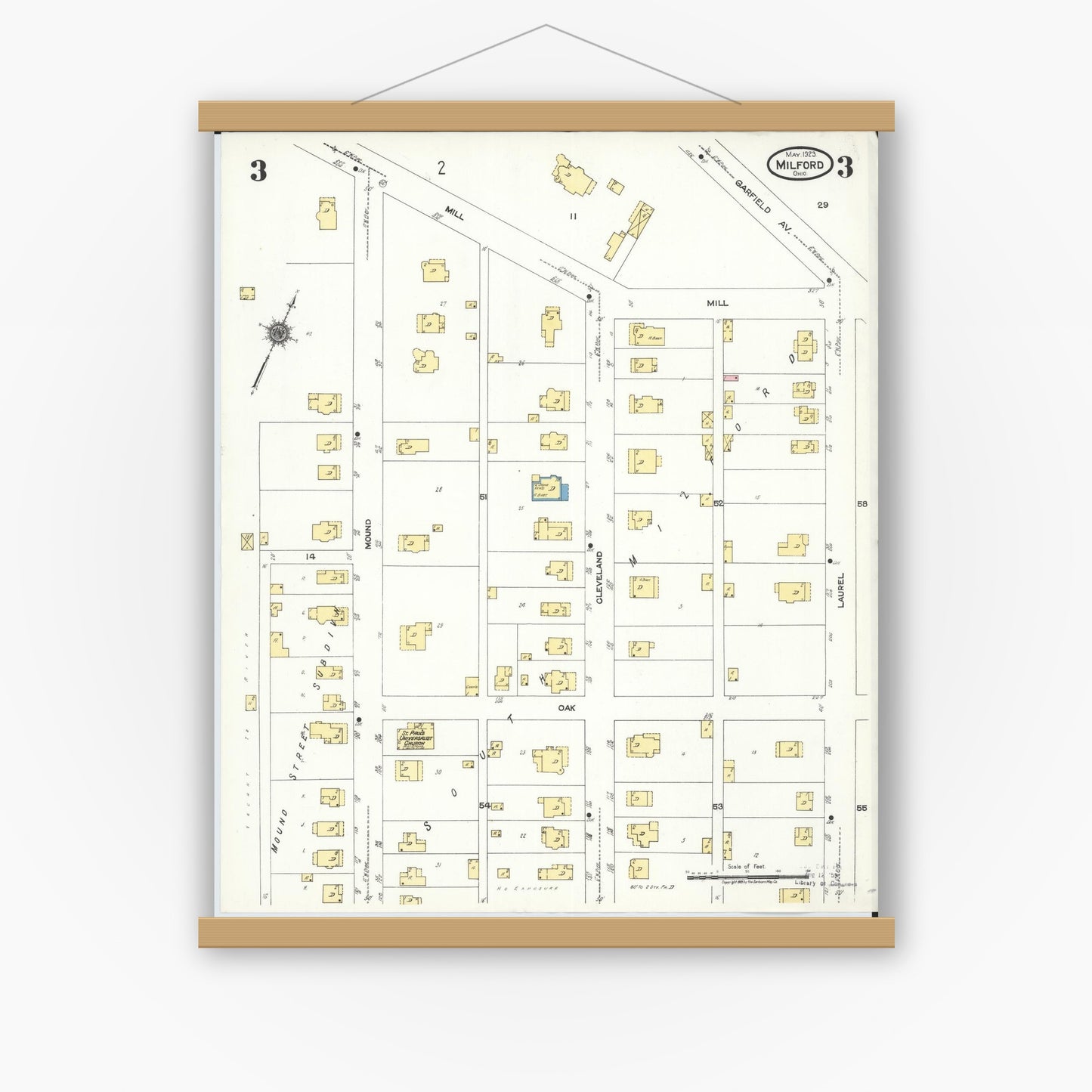 Old map wall art mockup — magnetic wood frame on white wall — Sanborn Fire Insurance Map from Milford, Clermont And Hamilton County, Ohio (1925), Sheet #0003