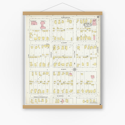 Old map wall art mockup — magnetic wood frame on white wall — Sanborn Fire Insurance Map from Bluffton, Wells County, Indiana (1895), Sheet #0006
