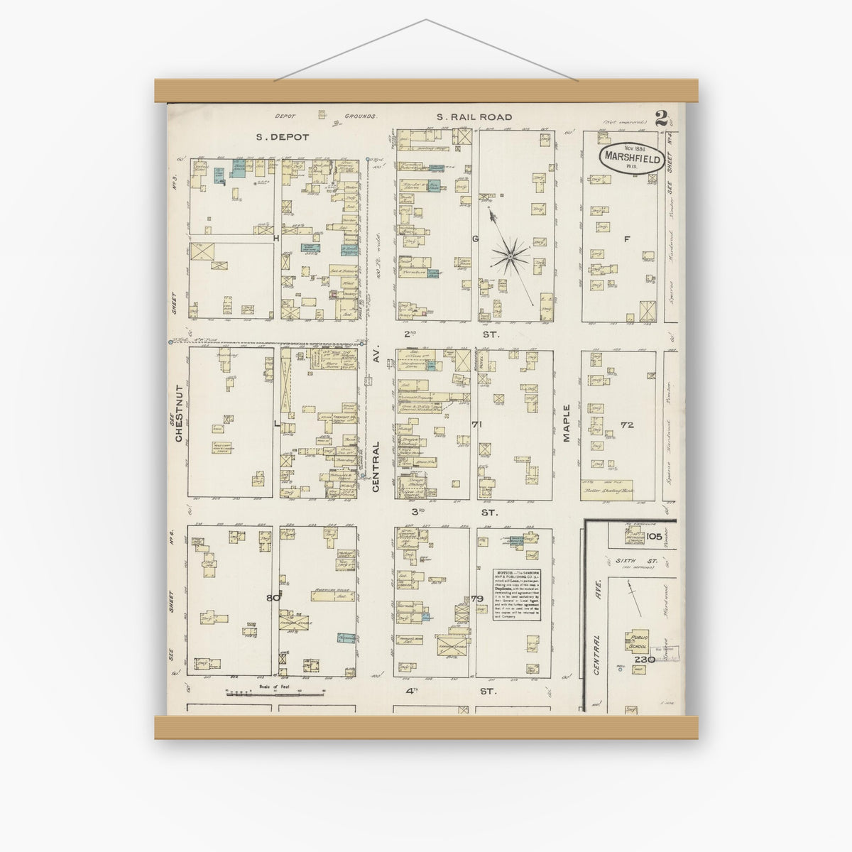 Old map wall art mockup — magnetic wood frame on white wall — Sanborn Fire Insurance Map from Marshfield, Wood County, Wisconsin (1884), Sheet #0002