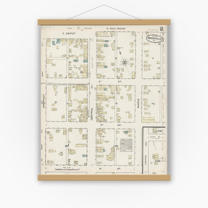 Old map wall art mockup — magnetic wood frame on white wall — Sanborn Fire Insurance Map from Marshfield, Wood County, Wisconsin (1884), Sheet #0002