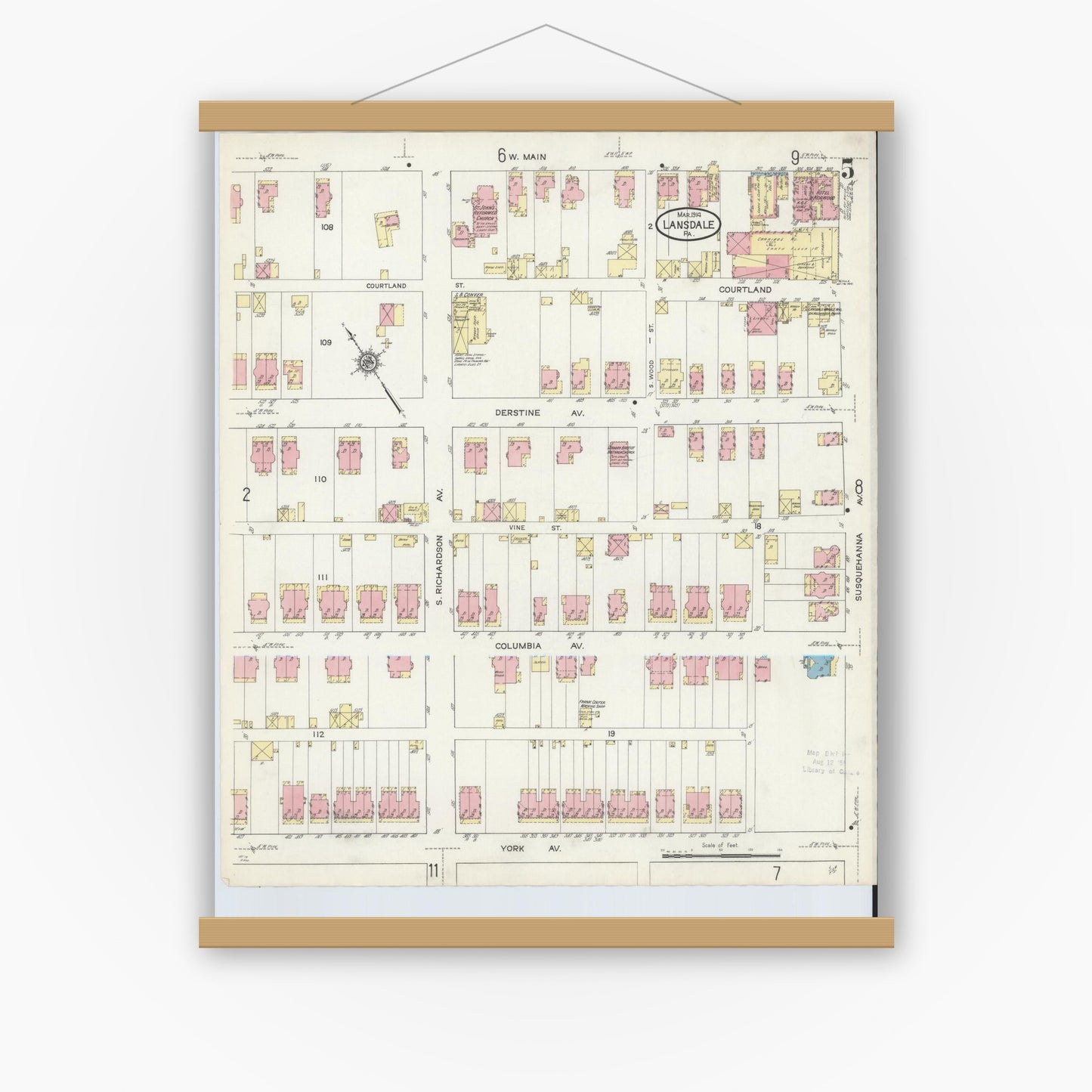Old map wall art mockup — magnetic wood frame on white wall — Sanborn Fire Insurance Map from Lansdale, Montgomery County, Pennsylvania (1914), Sheet #0005
