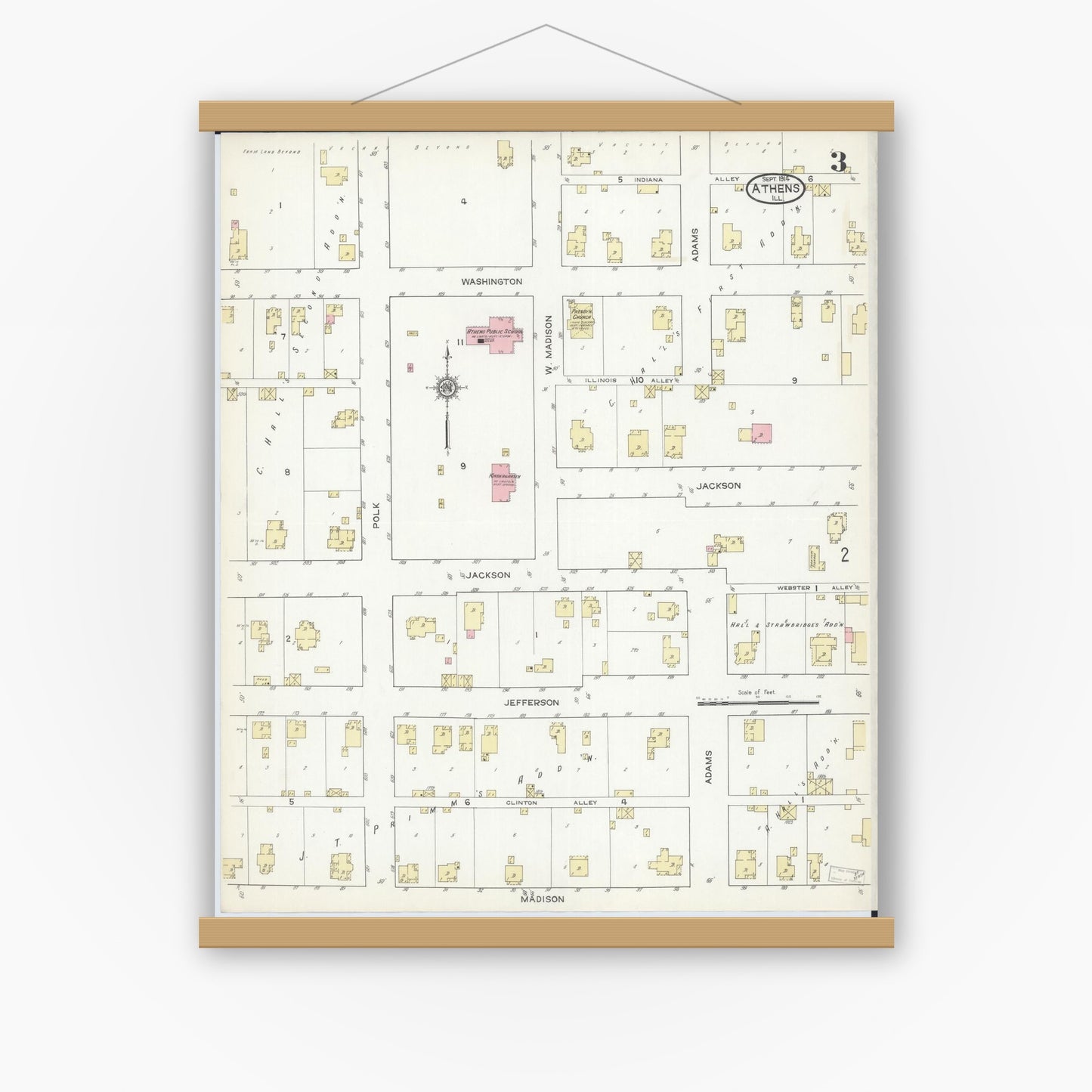 Old map wall art mockup — magnetic wood frame on white wall — Sanborn Fire Insurance Map from Athens, Menard County, Illinois (1914), Sheet #0003