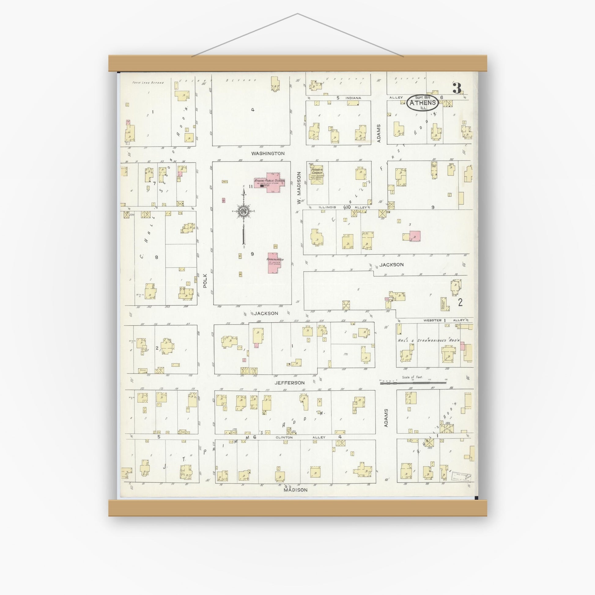 Old map wall art mockup — magnetic wood frame on white wall — Sanborn Fire Insurance Map from Athens, Menard County, Illinois (1914), Sheet #0003