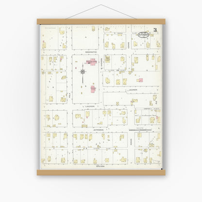 Old map wall art mockup — magnetic wood frame on white wall — Sanborn Fire Insurance Map from Athens, Menard County, Illinois (1914), Sheet #0003