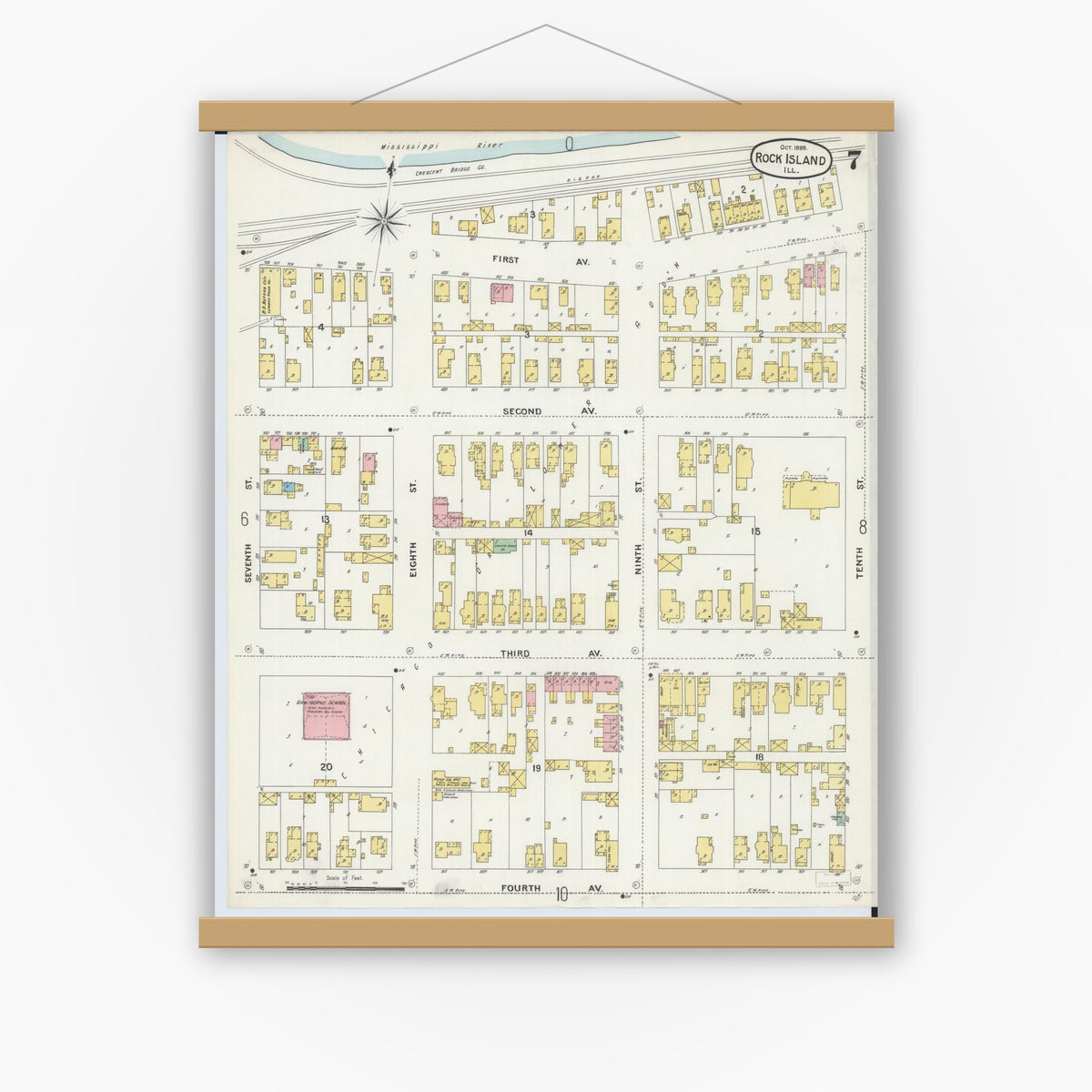Old map wall art mockup — magnetic wood frame on white wall — Sanborn Fire Insurance Map from Rock Island, Rock Island County, Illinois (1898), Sheet #0007