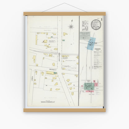 Old map wall art mockup — magnetic wood frame on white wall — Sanborn Fire Insurance Map from Saline, Washtenaw County, Michigan (1893) - Complete Map Set