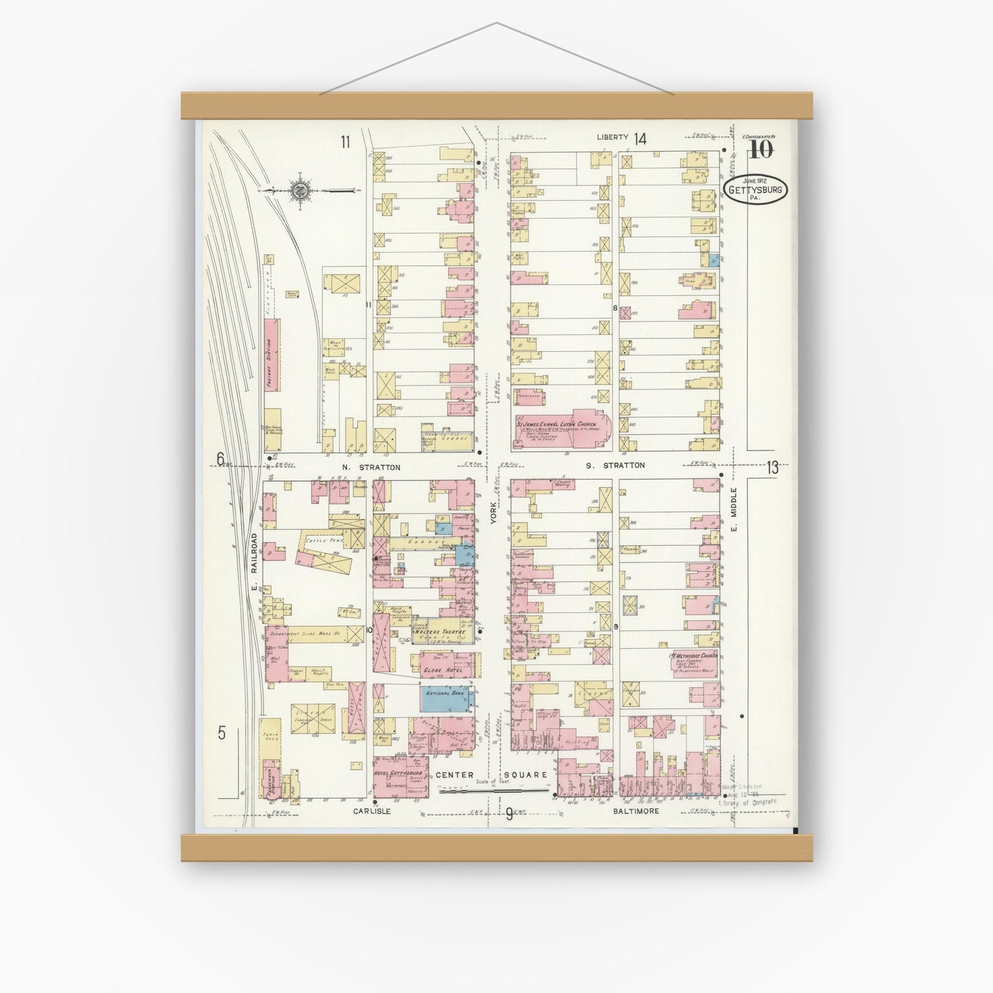Old map wall art mockup — magnetic wood frame on white wall — Sanborn Fire Insurance Map from Gettysburg, Adams County, Pennsylvania (1912), Sheet #0010