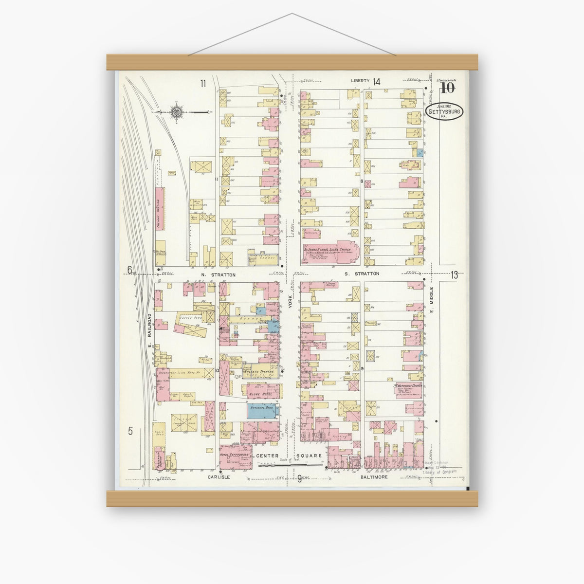 Old map wall art mockup — magnetic wood frame on white wall — Sanborn Fire Insurance Map from Gettysburg, Adams County, Pennsylvania (1912), Sheet #0010
