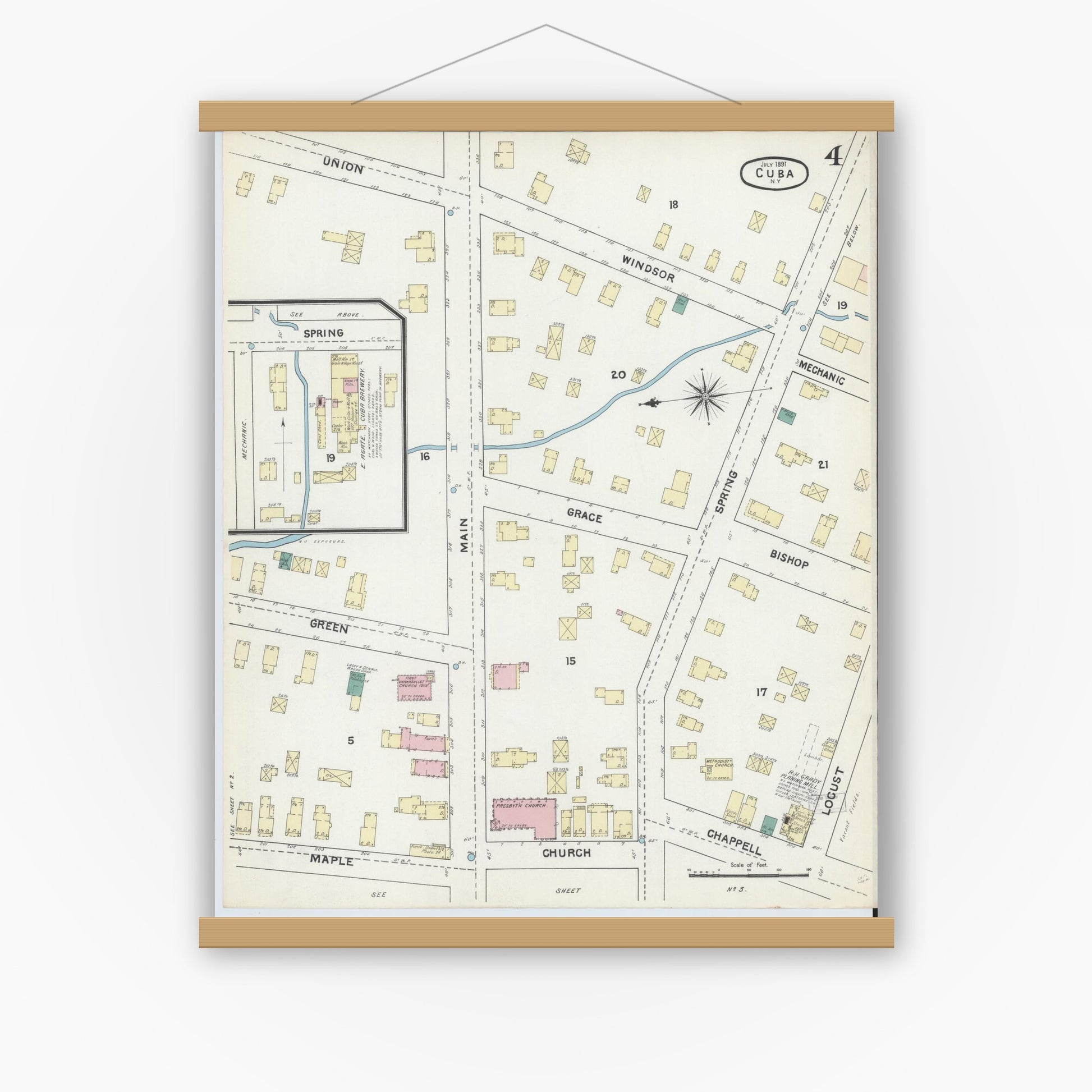 Old map wall art mockup — magnetic wood frame on white wall — Sanborn Fire Insurance Map from Cuba, Allegany County, New York (1891), Sheet #0004