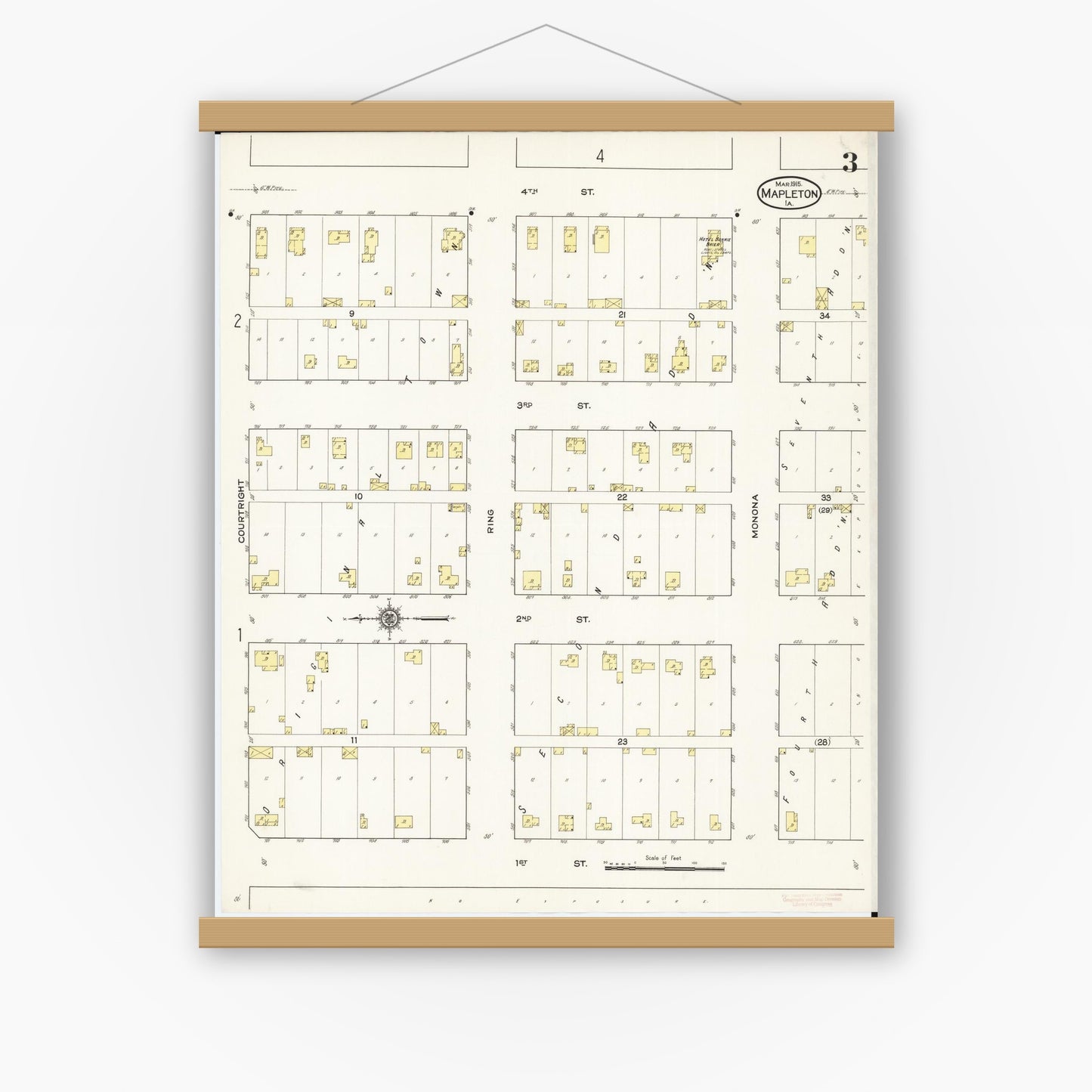 Old map wall art mockup — magnetic wood frame on white wall — Sanborn Fire Insurance Map from Mapleton, Monona County, Iowa (1915), Sheet #0003