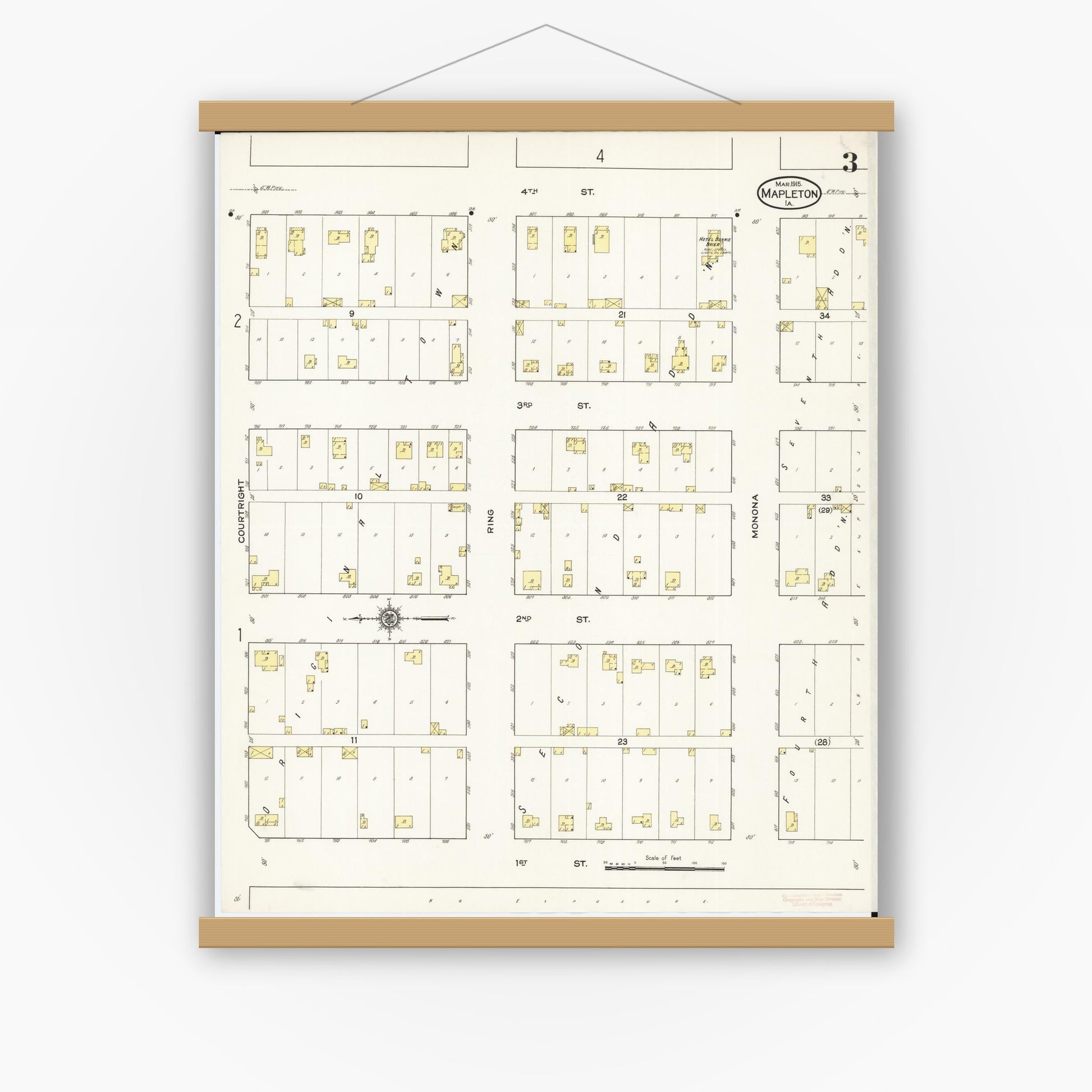 Old map wall art mockup — magnetic wood frame on white wall — Sanborn Fire Insurance Map from Mapleton, Monona County, Iowa (1915), Sheet #0003