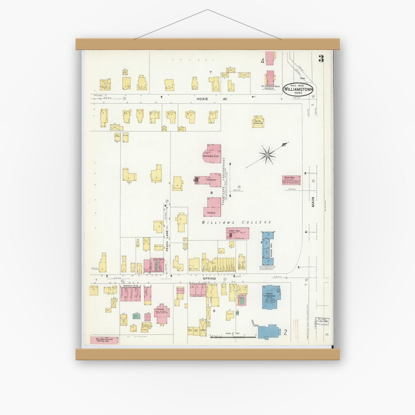 Old map wall art mockup — magnetic wood frame on white wall — Sanborn Fire Insurance Map from Williamstown, Berkshire County, Massachusetts (1908), Sheet #0003