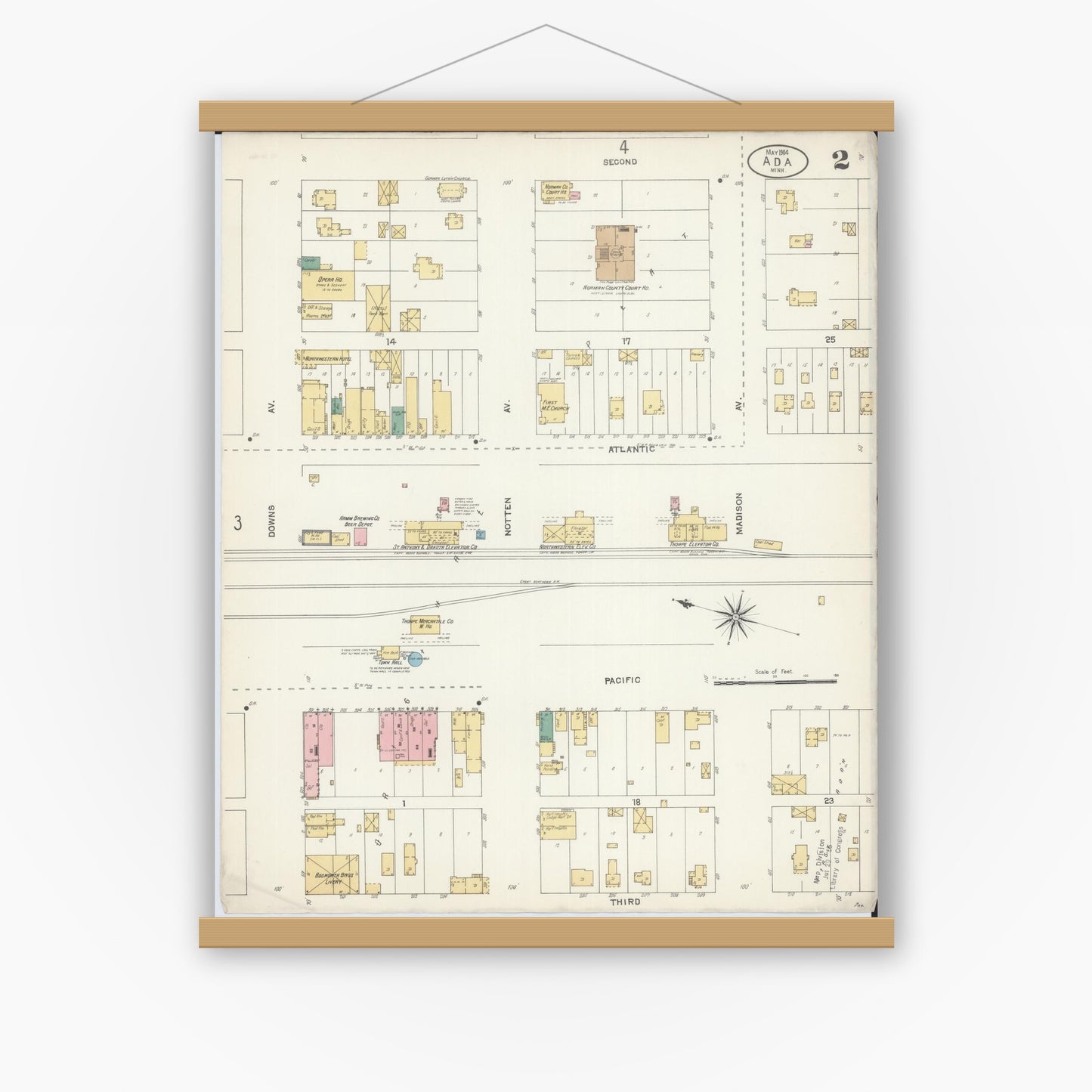 Old map wall art mockup — magnetic wood frame on white wall — Sanborn Fire Insurance Map from Ada, Norman County, Minnesota (1904), Sheet #0002