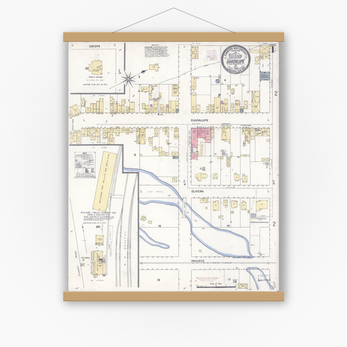 Old map wall art mockup — magnetic wood frame on white wall — Sanborn Fire Insurance Map from Guadalupe, Santa Barbara County, California (1909), Sheet #0001