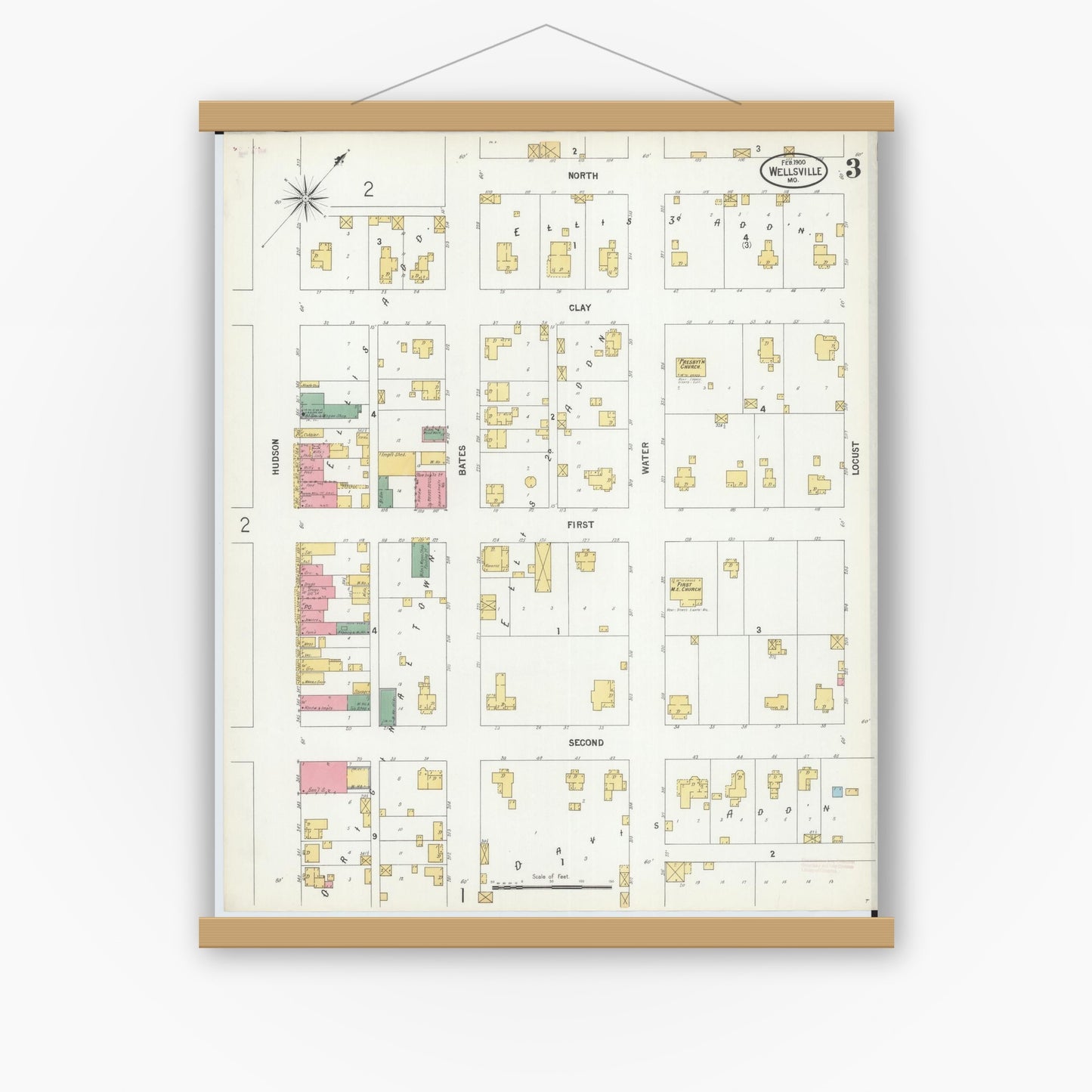 Old map wall art mockup — magnetic wood frame on white wall — Sanborn Fire Insurance Map from Wellsville, Montgomery County, Missouri (1900), Sheet #0003
