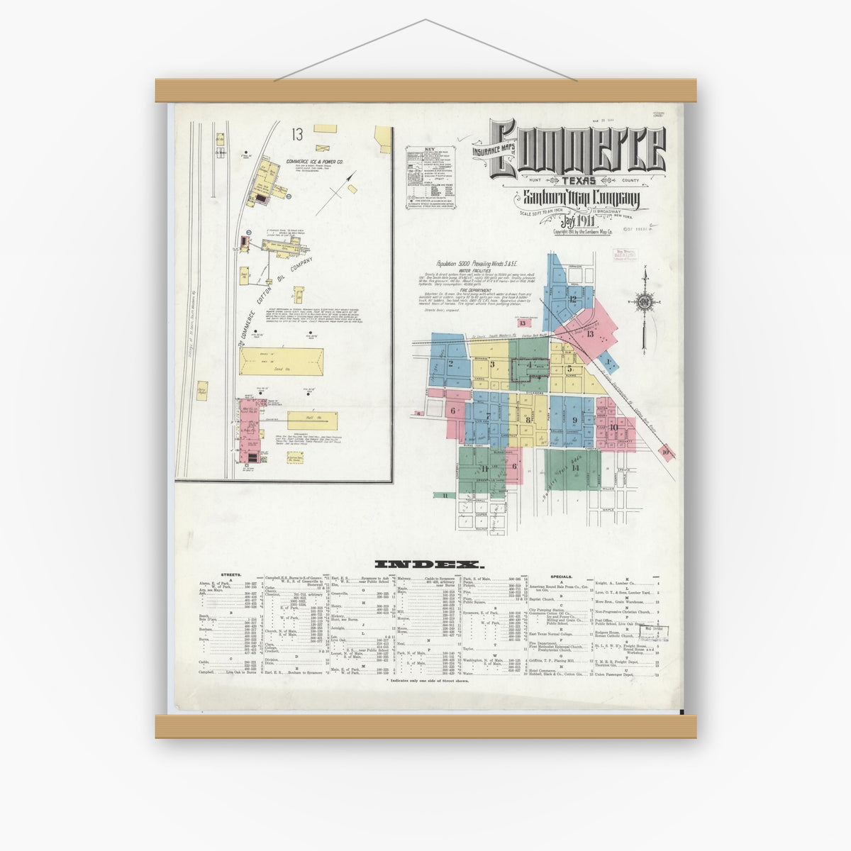 Old map wall art mockup — magnetic wood frame on white wall — Sanborn Fire Insurance Map from Commerce, Hunt County, Texas (1911), Sheet #0001