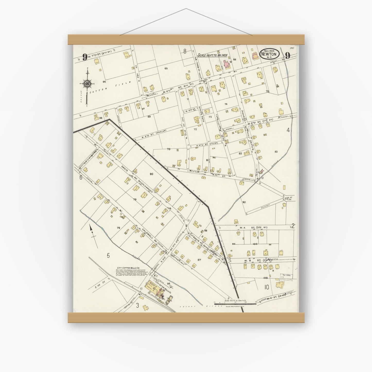 Old map wall art mockup — magnetic wood frame on white wall — Sanborn Fire Insurance Map from Newton, Catawba County, North Carolina (1924), Sheet #0009
