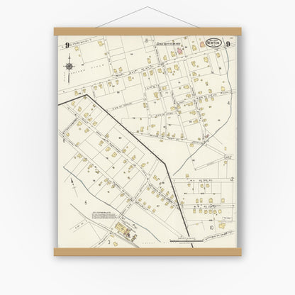 Old map wall art mockup — magnetic wood frame on white wall — Sanborn Fire Insurance Map from Newton, Catawba County, North Carolina (1924), Sheet #0009