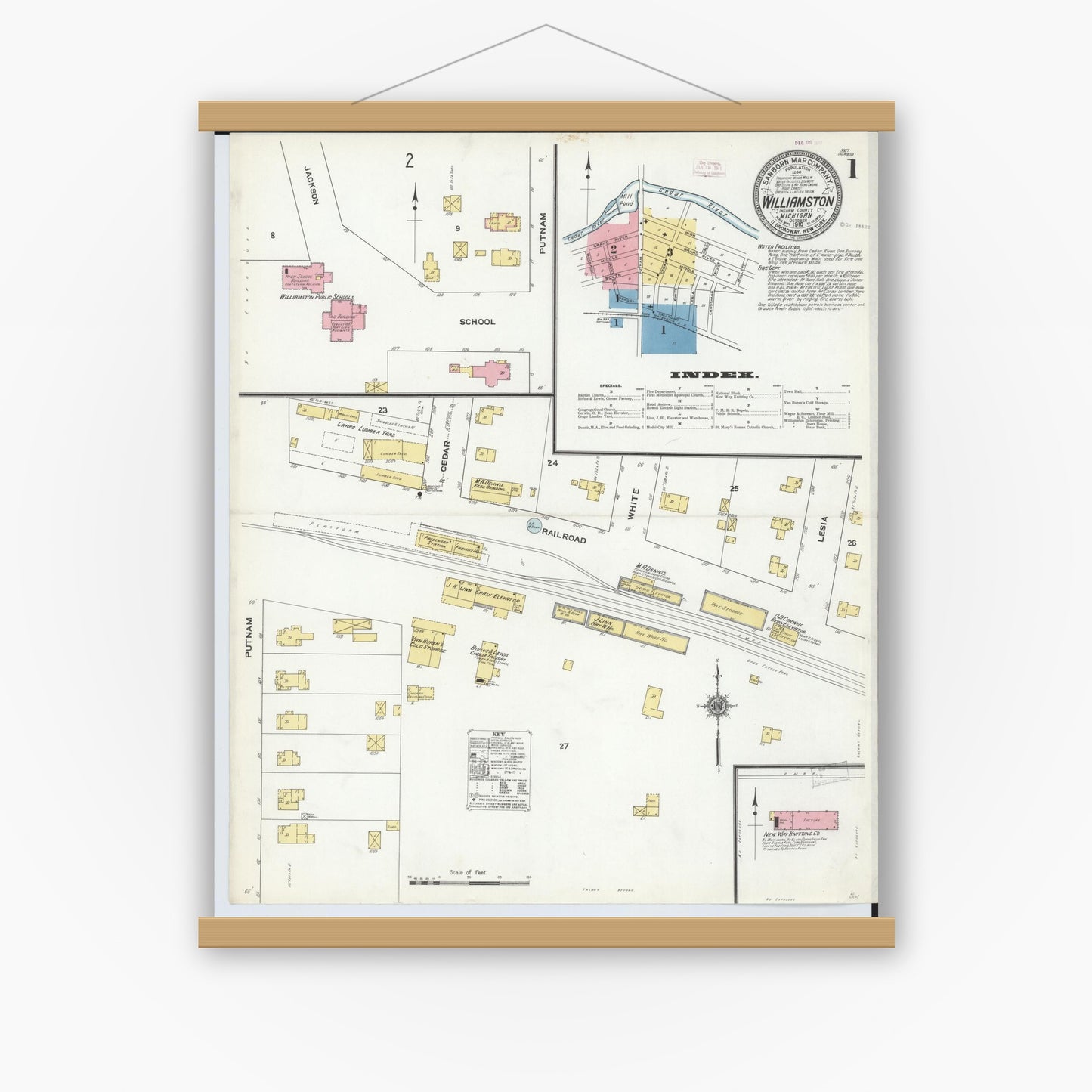 Old map wall art mockup — magnetic wood frame on white wall — Sanborn Fire Insurance Map from Williamston, Ingham County, Michigan (1910), Sheet #0001