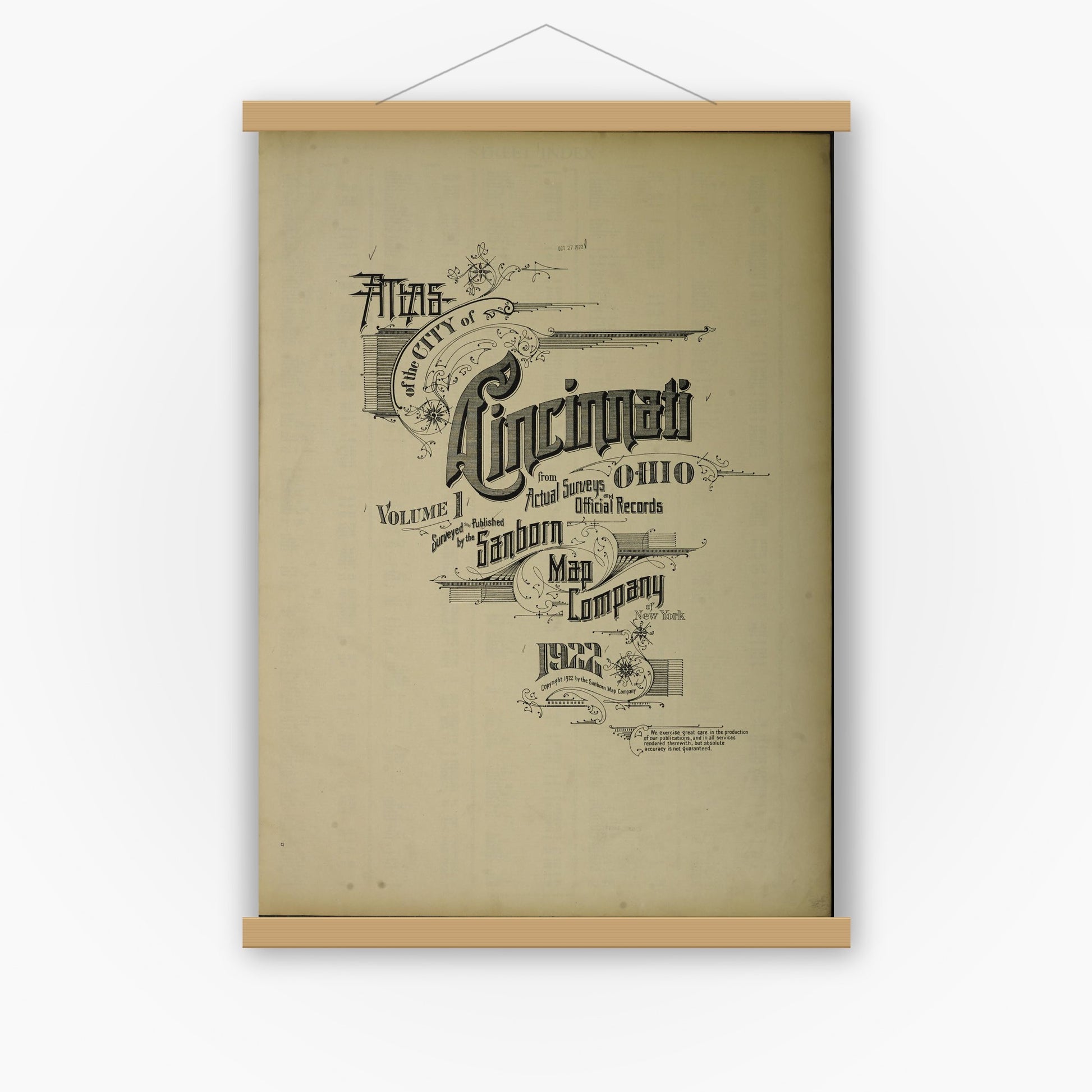 Old map wall art mockup — magnetic wood frame on white wall — Sanborn Fire Insurance Map from Cincinnati, Hamilton County, Ohio (1922), Sheet #0001