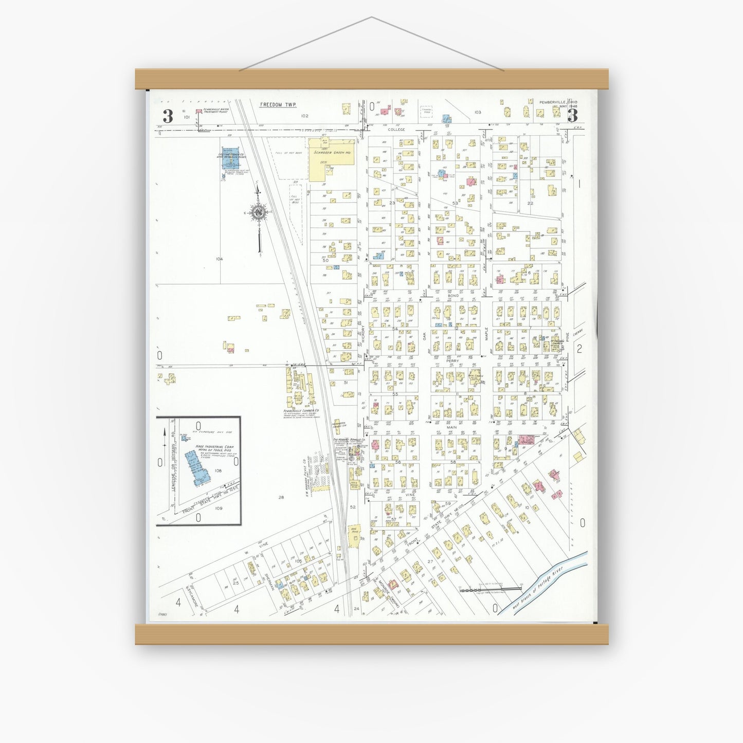 Old map wall art mockup — magnetic wood frame on white wall — Sanborn Fire Insurance Map from Pemberville, Wood County, Ohio (1948), Sheet #0003