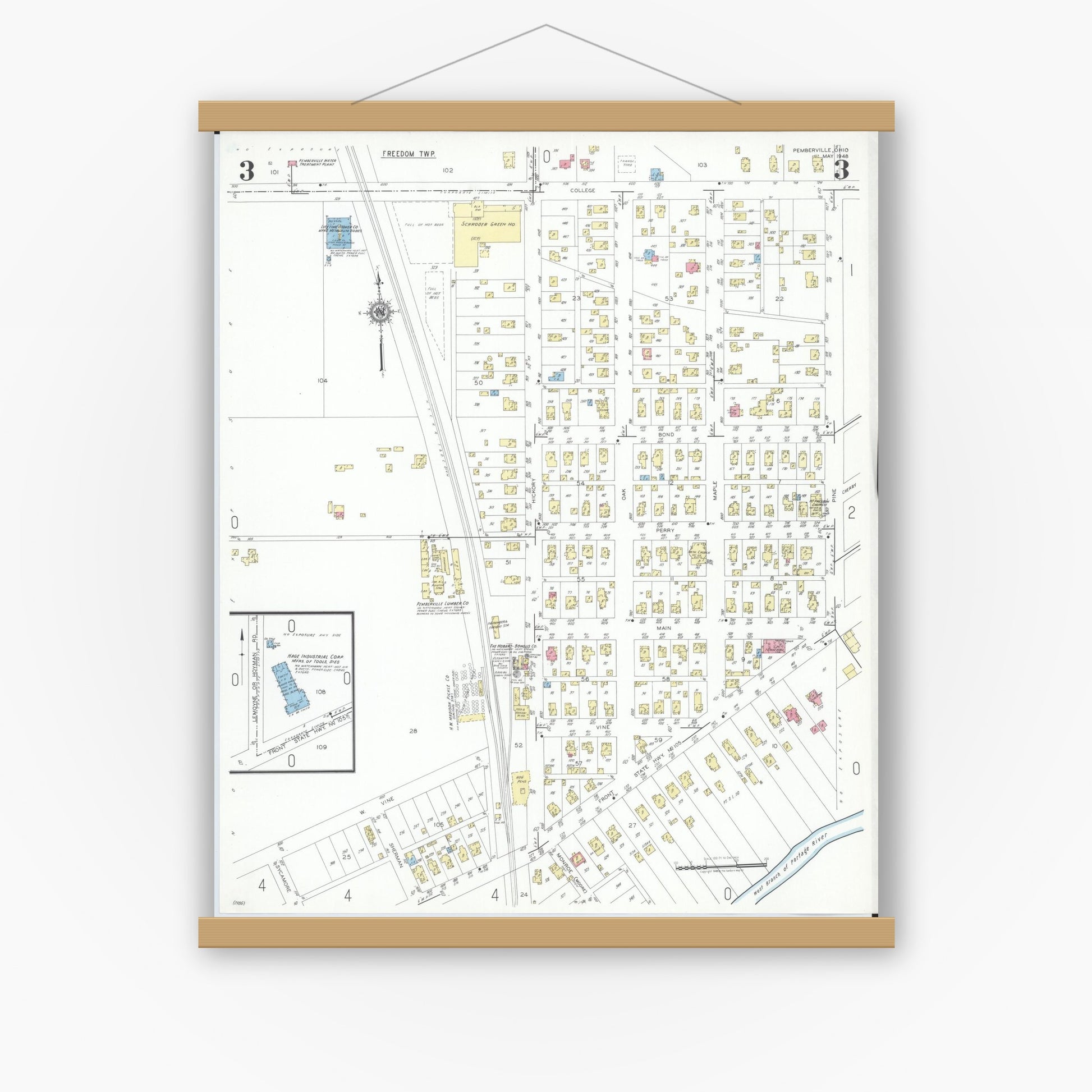 Old map wall art mockup — magnetic wood frame on white wall — Sanborn Fire Insurance Map from Pemberville, Wood County, Ohio (1948), Sheet #0003