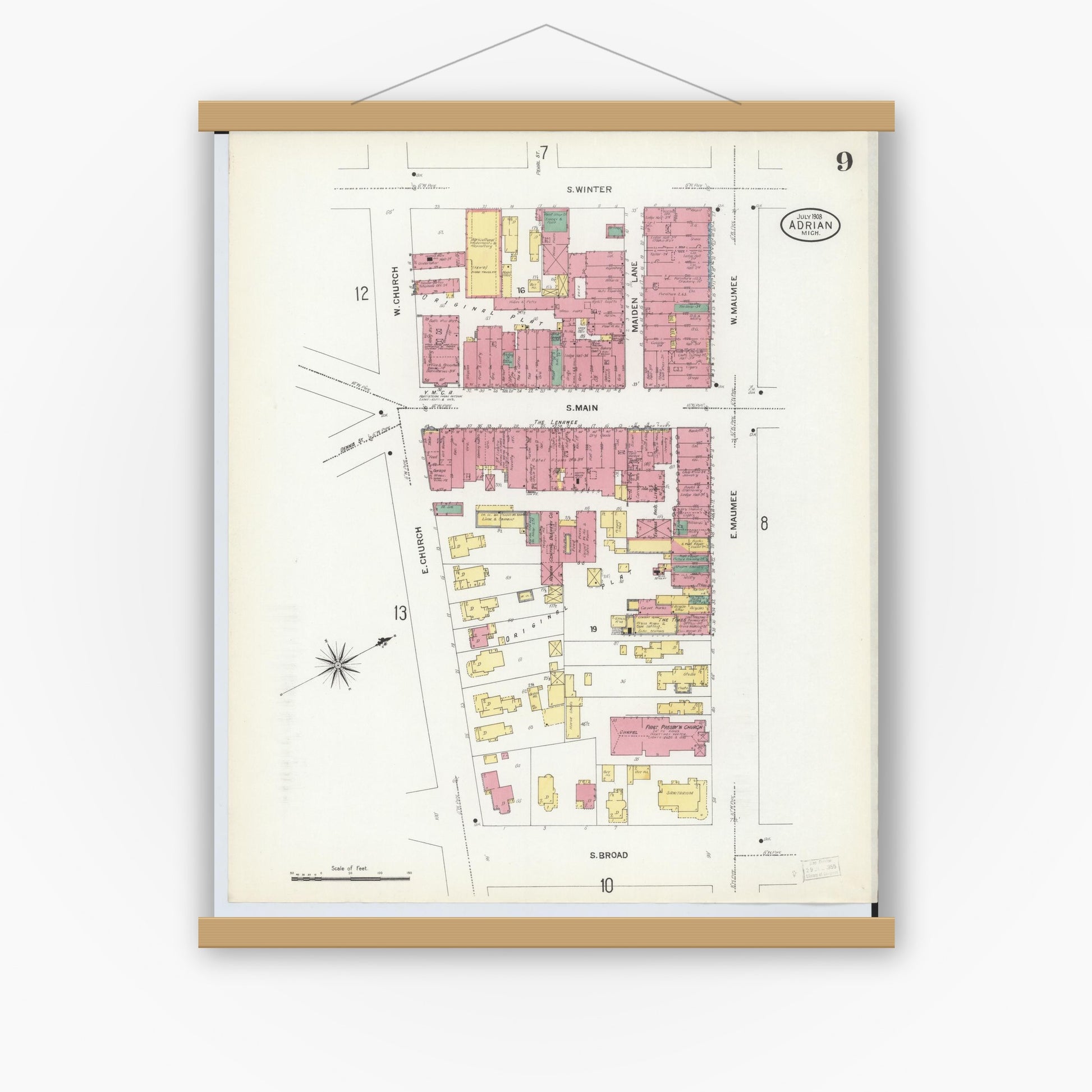 Old map wall art mockup — magnetic wood frame on white wall — Sanborn Fire Insurance Map from Adrian, Lenawee County, Michigan (1908), Sheet #0009
