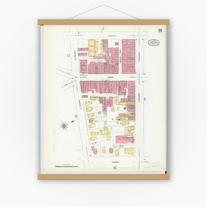 Old map wall art mockup — magnetic wood frame on white wall — Sanborn Fire Insurance Map from Adrian, Lenawee County, Michigan (1908), Sheet #0009