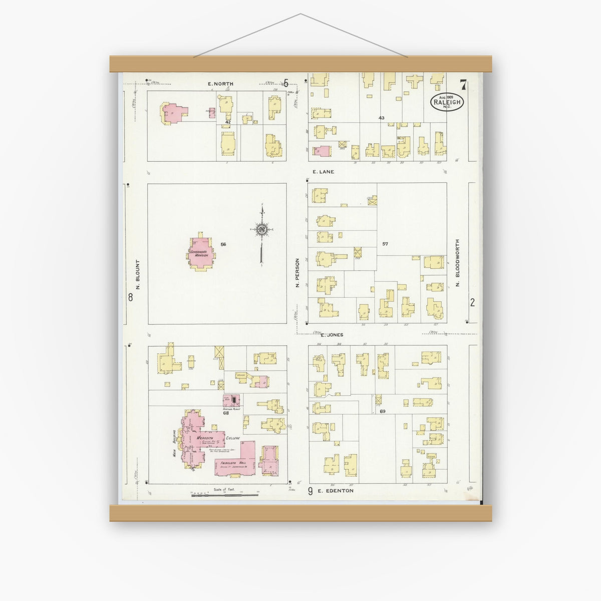 Old map wall art mockup — magnetic wood frame on white wall — Sanborn Fire Insurance Map from Raleigh, Wake County, North Carolina (1909), Sheet #0007
